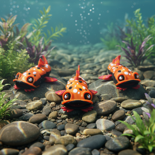 3D-printed articulated catfish fidget toys, designed by FlexiFactory. AND it's designed to float!