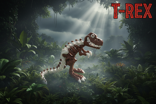 3D-printed articulated T-Rex skeleton model.