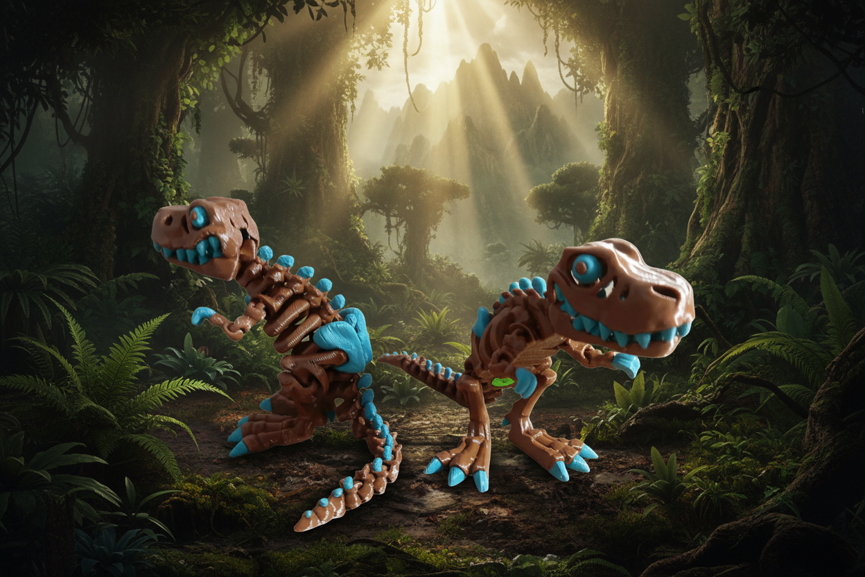 3D-printed articulated T-Rex skeleton model.
