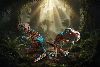 3D-printed articulated T-Rex skeleton model.