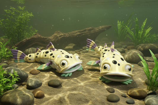 3D-printed articulated catfish fidget toys, designed by FlexiFactory. AND it's designed to float!