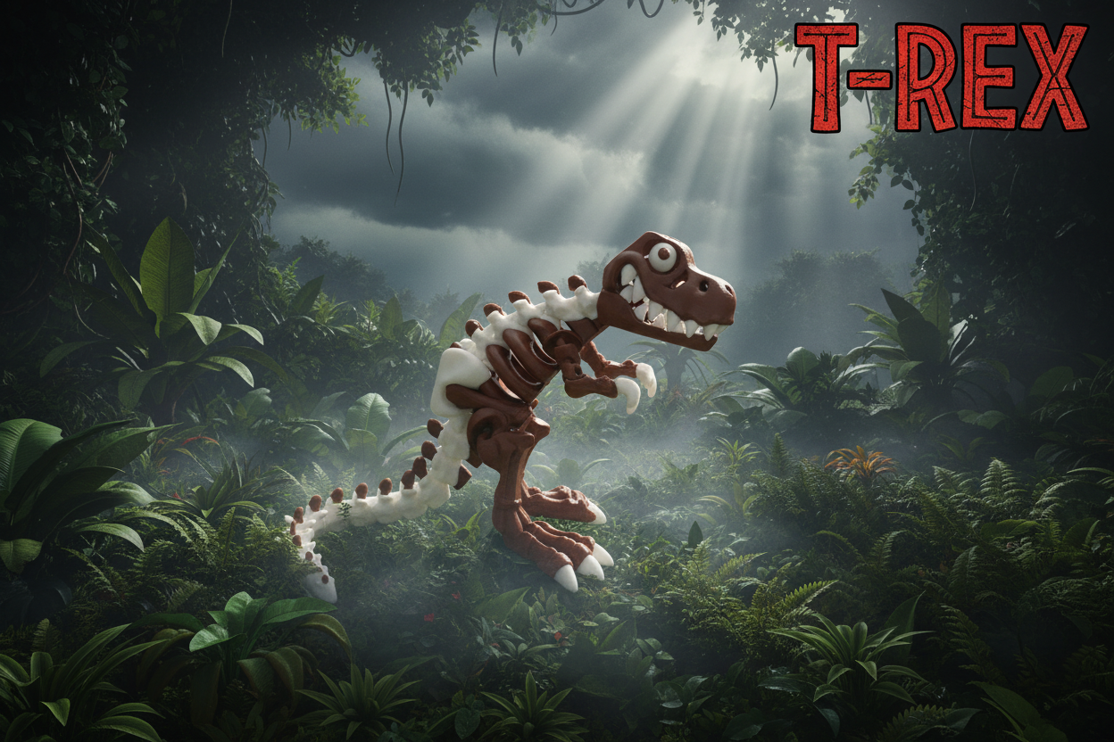 3D-printed articulated T-Rex skeleton model.