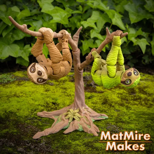 3D-printed articulated "Sloth plus Tree display" set designed by MatMire Makes. And 3D printed by Uniskull Creations.