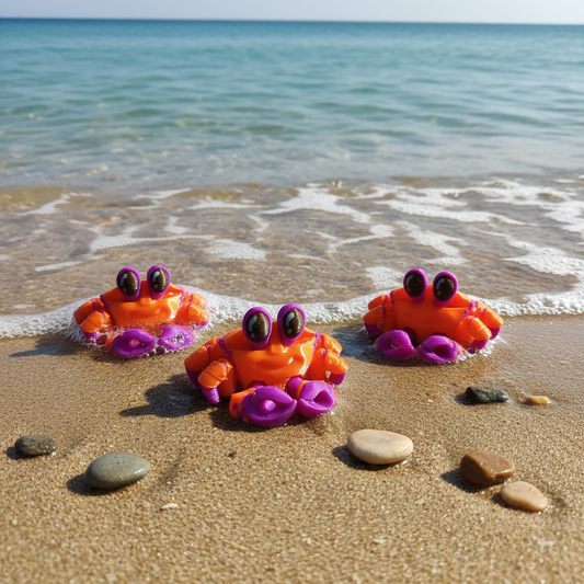 3D-printed articulated "Mini Crab" fidget toys designed by MatMire Makes.